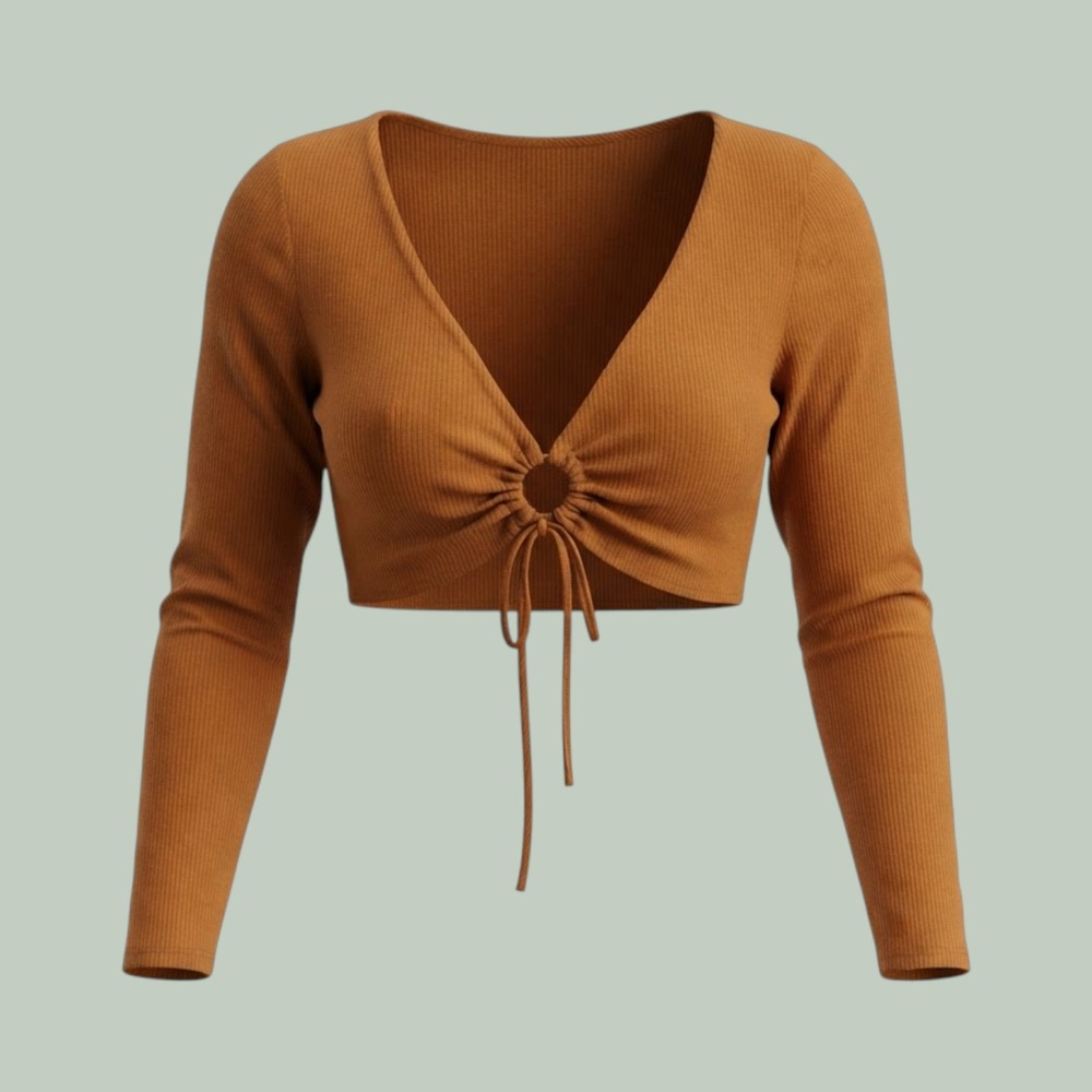 Boho Festival Ribbed Cinched V-Neck Crop Top Womens Medium Rust Firestar